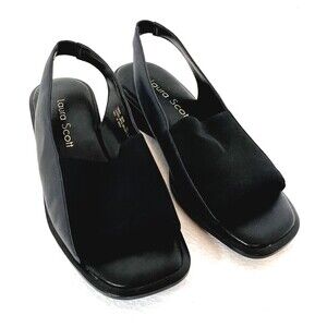 Laura Scott Women's 6M Fabula Black Open Toe Slingback Chunky Heel Sandals NEW